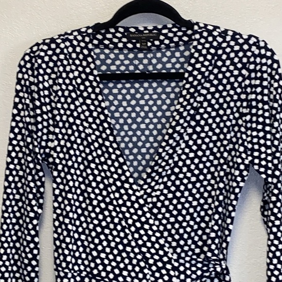 Banana Republic Petite Navy White Long Sleeve Faux Wrap Dress 3018 - Picture 2 of 7